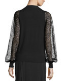 Lace-Sleeve Tie-Neck Sweater, Black