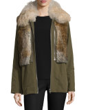 Twill Fur-Trim Jacket, Green