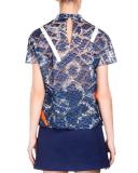 Short-Sleeve Embroidered-Lace Top, Navy