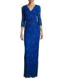 3/4-Sleeve Floral Lace Column Gown, Royal