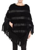 Fringe Leather-Trim Mink-Fur Poncho, Black