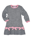 Long-Sleeve Pleated Sweaterdress, Gray/Pink, Size 2-6X