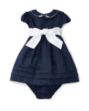 Cap-Sleeve Fit-and-Flare Ramie Dress w/ Bloomers, Blue, Size 9-24 Months