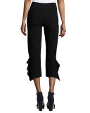 Ruffle-Trim Cropped Ponte Pants, Black