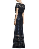 Short-Sleeve Embellished Tulle Blouson Gown, Navy