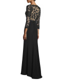 3/4-Sleeve Lace-Bodice Gown, Black/Nude