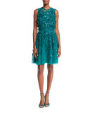 Sleeveless Embroidered Tulle Cocktail Dress, Emerald