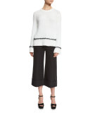 Long-Sleeve Ribbed Wool-Blend Sweater, White/Black