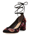 Clara Embroidered Suede Ankle-Tie Pump, Black Floral