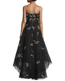 Strapless Floral-Appliqué High-Low Gown, Jet