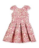 Pleated Metallic Rose Brocade Dress, Pink, Size 4-6X