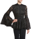 Jolene Guipure Lace Bell-Sleeve Top, Black