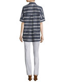 Andra Short-Sleeve Striped Blouse, Blue Note Multi