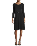 Long-Sleeve Gathered-Waist Dress, Black