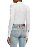 Bib-Detail Jacquard Blouse, White