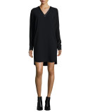 Long-Sleeve Mixed Media V-Neck Dress