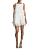 Callei Floral Crochet-Trim A-Line Dress, Ivory/Ivory