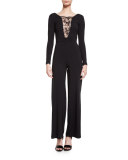 Lace-Inset Long-Sleeve Jumpsuit