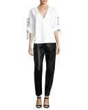 Studded Leather Track Pants, Black