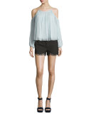 Hanlon Perforated Scallop-Hem Shorts, Black