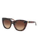 Rounded Cat-Eye Logo-Temple Sunglasses, Port Tortoise