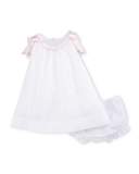 Bow-Trim Swiss Dot Dress w/ Bloomers, White, Size 3-24 Months