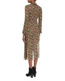 Long Ruffled Tie-Neck Floral-Print Silk Dress, Black/Multi