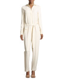 Long-Sleeve Collared Stretch Crepe Jumpsuit, Porcelain