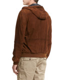 Hooded Suede Bomber Jacket, Brown