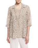 3/4-Sleeve Animal-Print Burnout Jacket, Natural, Petite