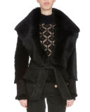 Long-Sleeve Belted Shearling Fur Vest, Black