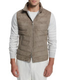 Suede Full-Zip Quilted Vest, Gray