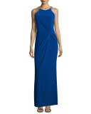 Twist-Front Beaded Neck Gown, Blue Beret