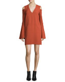 Bell-Sleeve Cold-Shoulder Dress, Pomegranate
