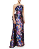 Strapless Floral-Jacquard Drape Gown, Floral