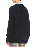 Marled Cable-Knit Long-Sleeve Cardigan, Navy