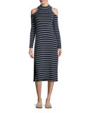 Envelope Dune Stripe Mock-Neck Cold-Shoulder Midi Dress, Navy/White