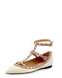 Rockstud Patent Caged Ballerina Flat, Light Ivory