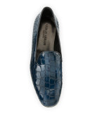 Crocodile-Embossed Leather Loafer, Blue