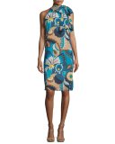 Sleeveless Floral Tie-Neck Shift Dress, Peacock