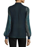 Zaida Long-Sleeve Ruffled Silk Blouse, Ink Multi