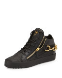 Embossed Python Mid-Top Leather Sneaker, Black