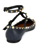Pebbled Leather Rockstud Cage Ballerina Flat, Deep Denim