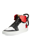 110mm Men's Leather High-Top Sneaker, Black/White/Red