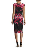 Cap-Sleeve Belted Floral Sheath Dress, Red/Black