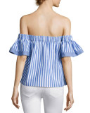 Off-the-Shoulder Striped Poplin Blouse, Multi