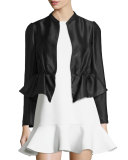 Long-Sleeve Ruffle-Hem Jacket, Black