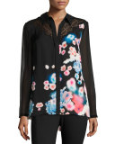 Mason Lace-Trim Button-Front Floral Silk Blouse, Multi