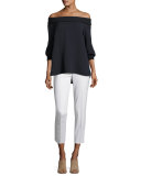 Marlo Silk Off-the-Shoulder Blouse w/ Ribbed Trim