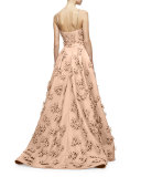 Sleeveless 3D Floral-Embellished Gown, Nude